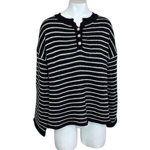 Striped Knit Long Sleeve Sweater, Black, White, Buttons, Size S
